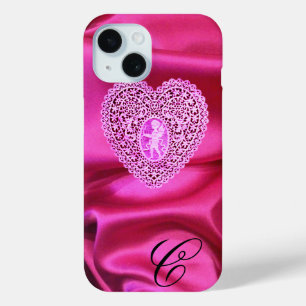 COQUE POUR iPhone 15 CUPID LACE COEUR SOIE ROSE FUCHSIA CLOS MONOGRAMME