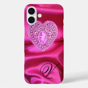 COQUES iPhone 16 PLUS CUPID LACE COEUR SOIE ROSE FUCHSIA CLOS MONOGRAMME