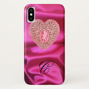 COQUE iPhone X   CUPID LACE COEUR SOIE ROSE FUCHSIA TISSU MONOGRAMM