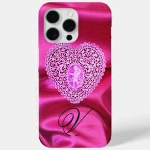 COQUE iPhone 15 PRO MAX CUPIDON DENTELLE COEUR SOIE ROSE FUCHSIA TISSU MON