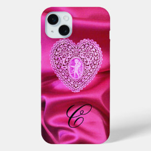 COQUE iPhone 15 MINI CUPIDON DENTELLE COEUR SOIE ROSE FUCHSIA TISSU MON