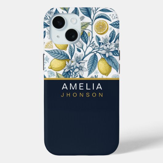 Coques Case-Mate iPhone Custom Elegant Mediterranean Lemon Botanical Navy (Verso)