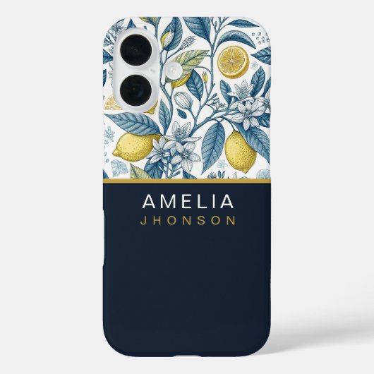 Coques Case-Mate iPhone Custom Elegant Mediterranean Lemon Botanical Navy (Verso)