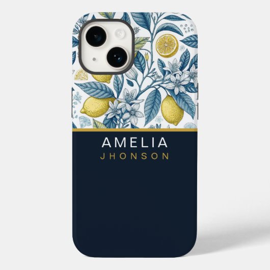 Coques Case-Mate iPhone Custom Elegant Mediterranean Lemon Botanical Navy (Verso)