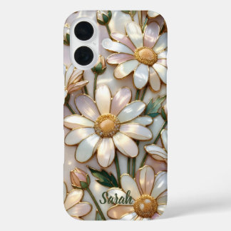 Coques iPhone 16 Custom Name Daisy Floral Phone Case Gold Elegant