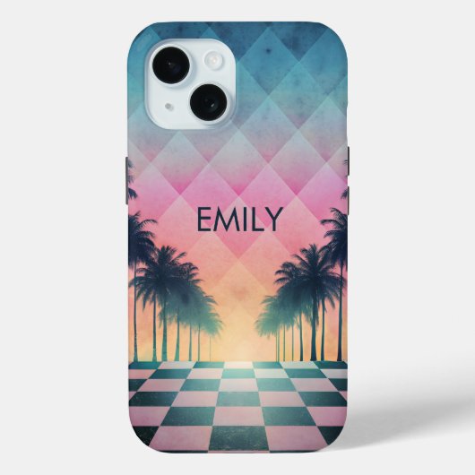 Coques Case-Mate iPhone Custom Name Retro Synthwave Sunset Palm Trees (Verso)