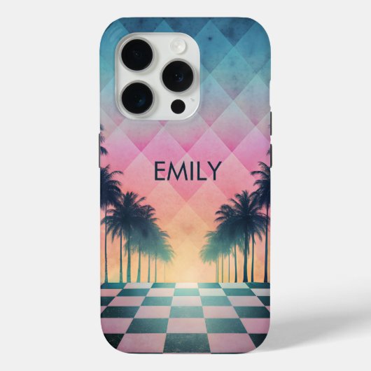 Coques Case-Mate iPhone Custom Name Retro Synthwave Sunset Palm Trees (Verso)