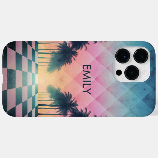 Coques Case-Mate iPhone Custom Name Retro Synthwave Sunset Palm Trees (Verso (horizontal))