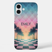 Coques Case-Mate iPhone Custom Name Retro Synthwave Sunset Palm Trees (Verso)
