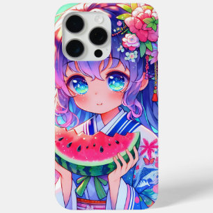 Coque iPhone 15 Pro Max Cute Anime Girl Manger Watermelon sur une journée