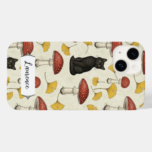 Coques Case-Mate iPhone Cute Black Kitten with Mushrooms Personalized name (Verso (horizontal))