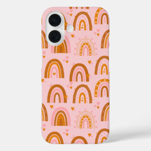 Coques iPhone 16 Cute Boho Rainbow Hearts Motif en rose orange