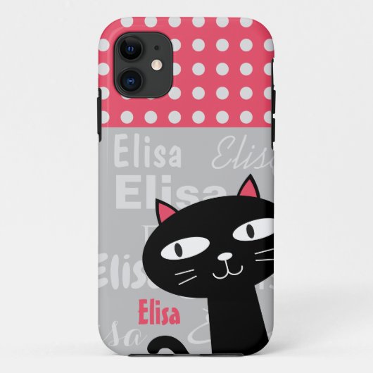 Coques Case-Mate iPhone Cute Chat Noir Pois Rose Ajouter Votre Nom (Dos)