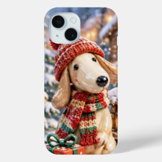 Coque Pour iPhone 15 Cute Christmas Puppy Dog in Winter Knit Hat