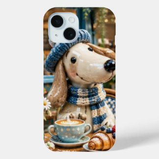 Coque Pour iPhone 15 Cute Coffee Shop Puppy Dog in Beanie Hat and Scarf