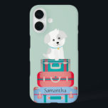 Coques iPhone 16 Cute Dog Sat sur les valises Personnalisé<br><div class="desc">Un chien adorable s'assit sur des valises.</div>