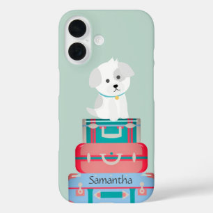 Coques iPhone 16 Cute Dog Sat sur les valises Personnalisé