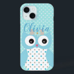 Coque Pour iPhone 15 Cute Dotty Blue Owl Art Personnalisé<br><div class="desc">Adorable hibou art et poka point motif sur coque personnalisé.</div>