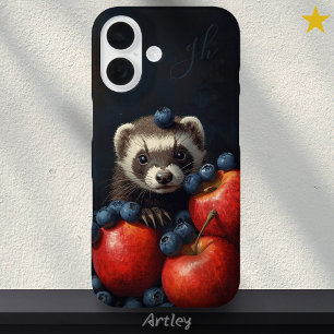 Coques iPhone 16 Cute Ferret Bébé Animal Peeking Fruit Initiales