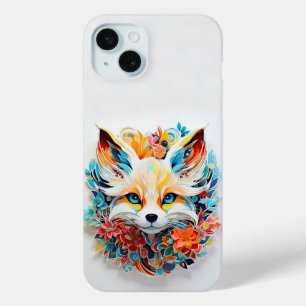 Coque iPhone 15 Mini Cute Fox avec fleurs Papier Coupe