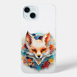 Coque iPhone 15 Mini Cute Fox avec fleurs Papier Coupe
