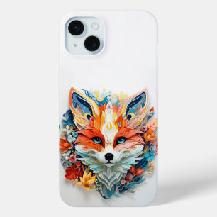 Coque iPhone 15 Mini Cute Fox avec fleurs Papier Coupe