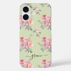 Coques iPhone 16 Cute Girly Sage Vert rose Floral Personnalisé