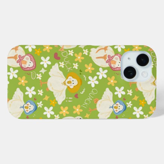 Coques Case-Mate iPhone Cute Green Duck & Daisy Flower Seamless Pattern (Verso (horizontal))