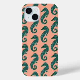 Coque Pour iPhone 15 Cute Nautical Teal and Coral Seahorse Pattern