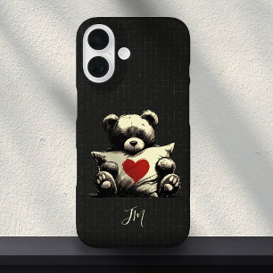Coques iPhone 16 Cute Noir Teddy Ours Hug Coeur Coussin Monogramme