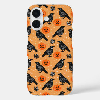 Coques iPhone 16 Cute Orange Halloween Crow Citrouille Motif