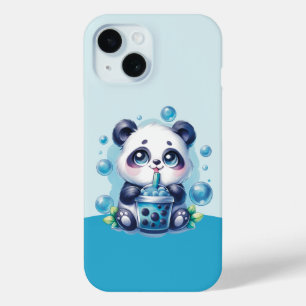 Coque Pour iPhone 15 Cute Panda et Blue Boba Bubble Tea