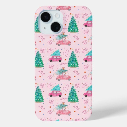 Coques Case-Mate iPhone Cute Pink Christmas Car Tree Seamless Pattern (Verso)