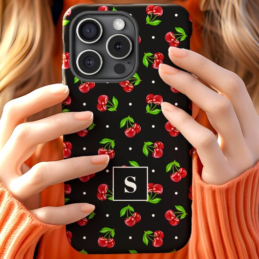 Coques Case-Mate iPhone Cute Polka Dot Cerises Sur Monogramme Noir