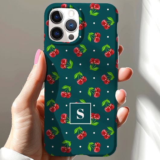 Coques Case-Mate iPhone Cute Polka Dot Cerises Sur Monogramme Turquoise