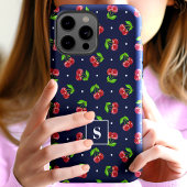 Coques Case-Mate iPhone Cute Polka Dot Cherries Sur Monogramme Marine