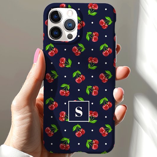 Coques Case-Mate iPhone Cute Polka Dot Cherries Sur Monogramme Marine