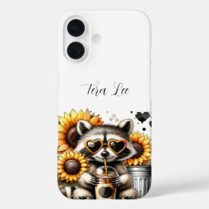 Coques iPhone 16 Cute Raccoon et tournesols
