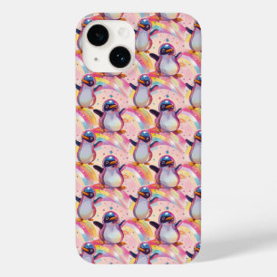 Coque Pour iPhone 14 Cute Rainbow Penguins et Stars Motif