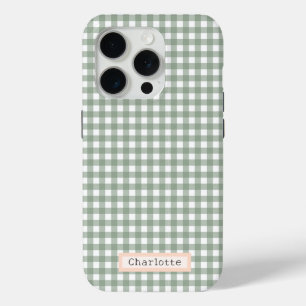 Coque iPhone 15 Pro Cute Sage Green Plaid Personnalisé