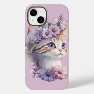 Coque Pour iPhone 14 Cute Violet Aquarelle Chat avec Flore