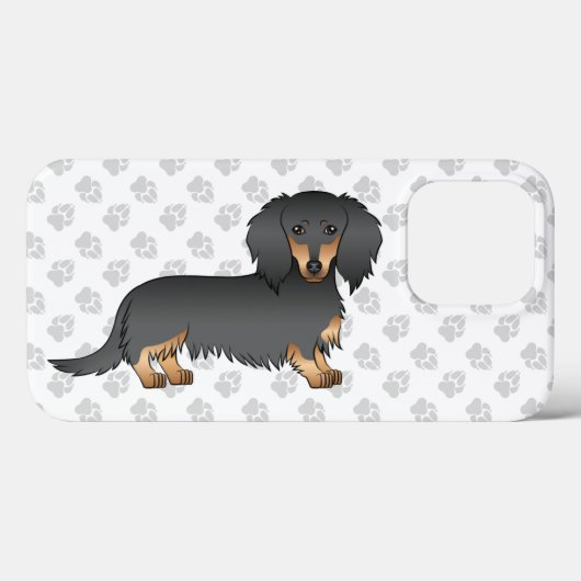 Coques Case-Mate iPhone Dachshund à poil long noir et feu, chien de dessin (Verso (horizontal))