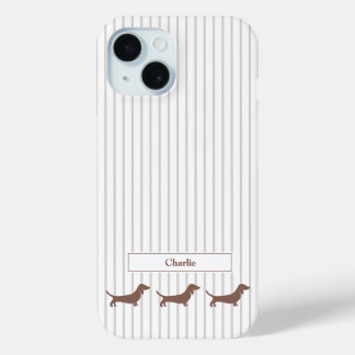 Coque Pour iPhone 15 Dachshunds Marron sur Rayures Beige Nom Personnali