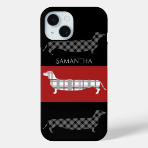 Coque Pour iPhone 15 Dachshunds plaid sur rouge et noir Personnalisé
