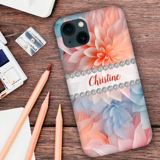Coques Case-Mate iPhone Dahlias 3D pastels doux, cadre diamant personnalis