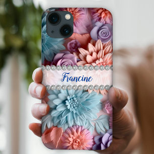 Case-Mate iPhone Case Dahlias 3D pastels doux & roses, cadre diamant
