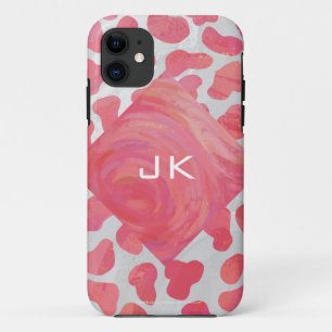 Coque iPhone 11 Dalmatie rose et blanc avec monogramme
