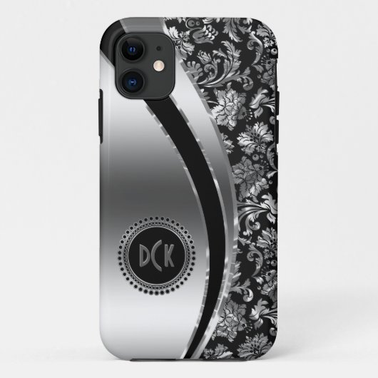 Coques Case-Mate iPhone Damas argentés noir et métallique monogrammes (Dos)