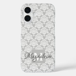 Coques iPhone 16 Damas blanc sur Monogramme gris et nom jolie