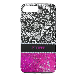 Coque iPhone 8 Plus/7 Plus Damas blanches et noires Parties scintillant rose 